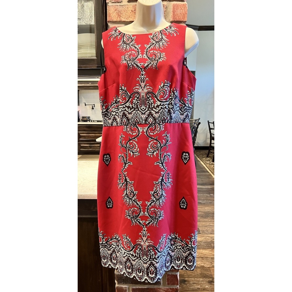 Talbots Sheath Midi Dress Womens 12 Red Paisley Back Zip Career Holiday Business